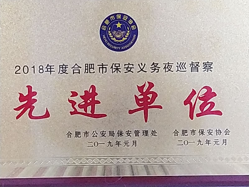 圣烽保安公司荣获2018年度合肥市保安义务夜巡督查“先进单位”荣誉称号